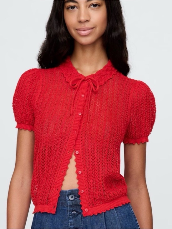 Gap x DOEN Tops - GAP x DOEN Open-Knit Tie-Neck Short Sleeve Blouse in Red
